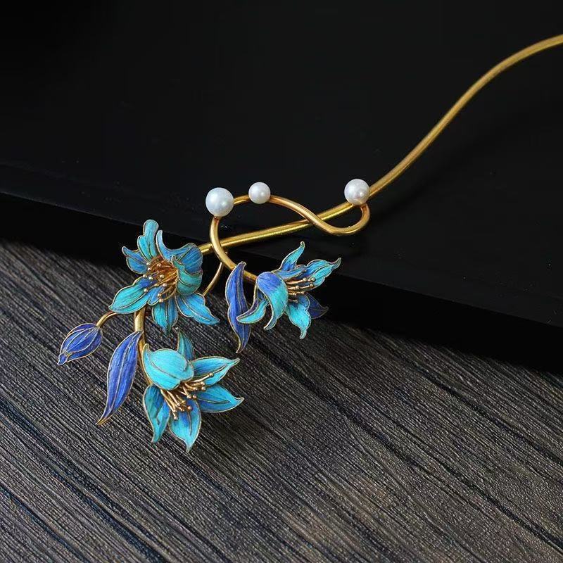 Lily Flower National Style Classical High-end Intangible Cultural Heritage Imitation Pointed Jade Hairpin Parrot Feather Hair Accessory Fashionable Light Luxury Gift
