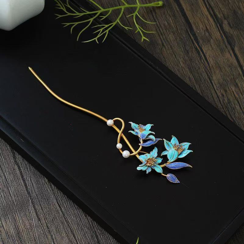 Lily Flower National Style Classical High-end Intangible Cultural Heritage Imitation Pointed Jade Hairpin Parrot Feather Hair Accessory Fashionable Light Luxury Gift
