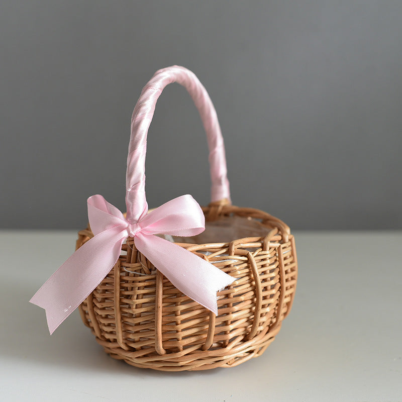 Woven Flower Basket Handheld Blue Handmade Natural Imitation Flower Basket Hand Gift Flower Arrangement Basket Bamboo Rattan Storage Basket