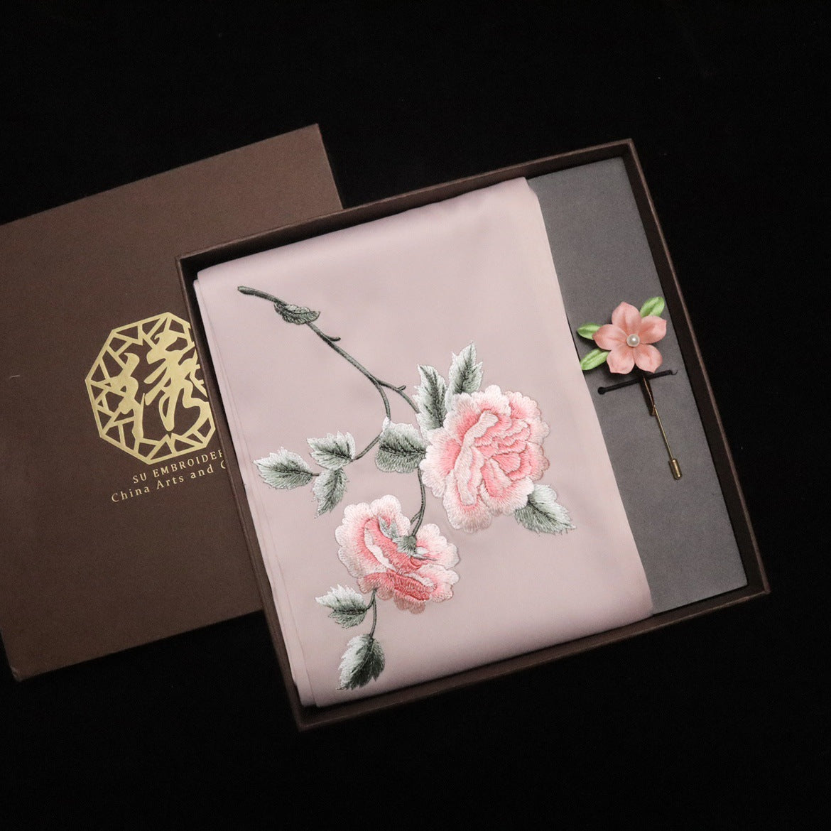 Suzhou Embroidery Scarf Suzhou Embroidery Intangible Cultural Heritage Velvet Flower Brooch Set Gift Box Handmade Suzhou Specialty Embroidery Silk Qinxuan