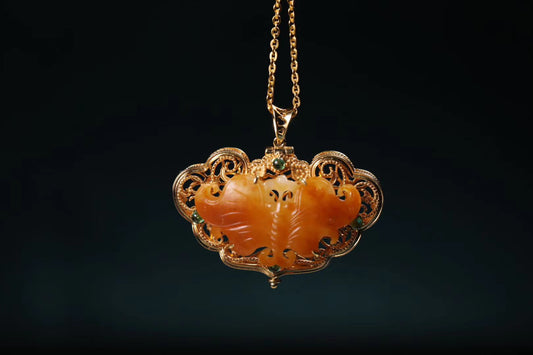 Heritage 18K Gold-Inlaid Hetian Jade Bat Necklace - "Good Fortune at Your Doorstep"
