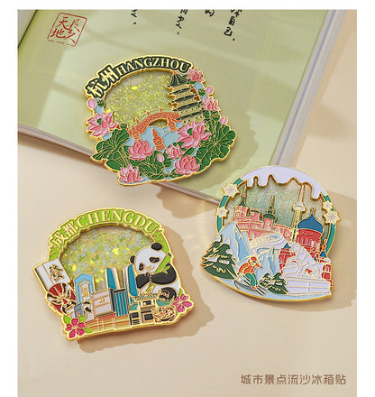 Beijing Chongqing Guangzhou Xi'an Wuhan Xiamen National Style Cultural and Creative Custom Metal Quicksand Refrigerator Magnets Chinese Cities