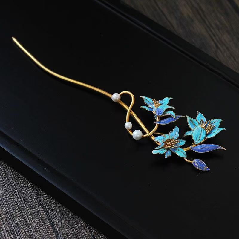Lily Flower National Style Classical High-end Intangible Cultural Heritage Imitation Pointed Jade Hairpin Parrot Feather Hair Accessory Fashionable Light Luxury Gift
