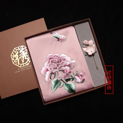 Suzhou Embroidery Scarf Suzhou Embroidery Intangible Cultural Heritage Velvet Flower Brooch Set Gift Box Handmade Suzhou Specialty Embroidery Silk Qinxuan