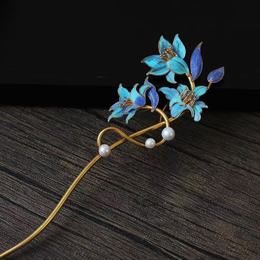 Lily Flower National Style Classical High-end Intangible Cultural Heritage Imitation Pointed Jade Hairpin Parrot Feather Hair Accessory Fashionable Light Luxury Gift