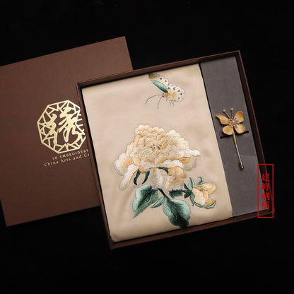 Suzhou Embroidery Scarf Suzhou Embroidery Intangible Cultural Heritage Velvet Flower Brooch Set Gift Box Handmade Suzhou Specialty Embroidery Silk Qinxuan