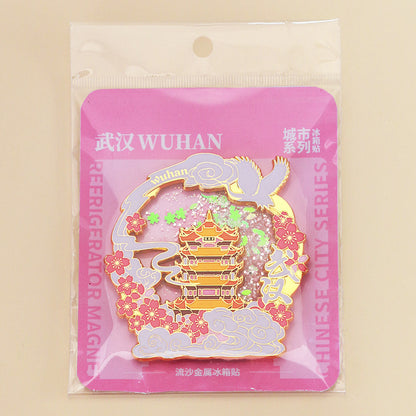 Beijing Chongqing Guangzhou Xi'an Wuhan Xiamen National Style Cultural and Creative Custom Metal Quicksand Refrigerator Magnets Chinese Cities