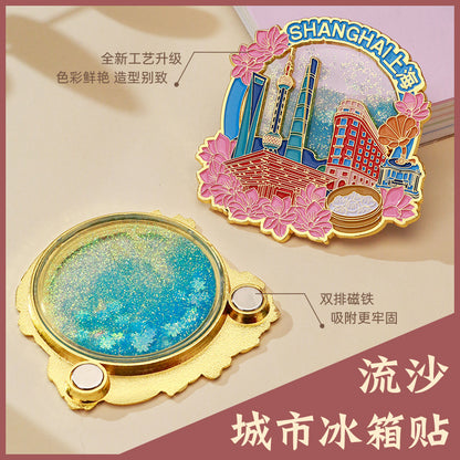 Beijing Chongqing Guangzhou Xi'an Wuhan Xiamen National Style Cultural and Creative Custom Metal Quicksand Refrigerator Magnets Chinese Cities