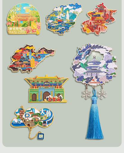Beijing Chongqing Guangzhou Xi'an Wuhan Xiamen National Style Cultural and Creative Custom Metal Quicksand Refrigerator Magnets Chinese Cities