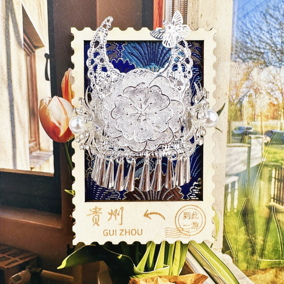 Guizhou Miao Ethnic Cultural Creative Refrigerator Magnet Dai Embroidery Cloth Large and Small Frame Three-Dimensional Phoenix Looking Back Guizhou Tourist Souvenir