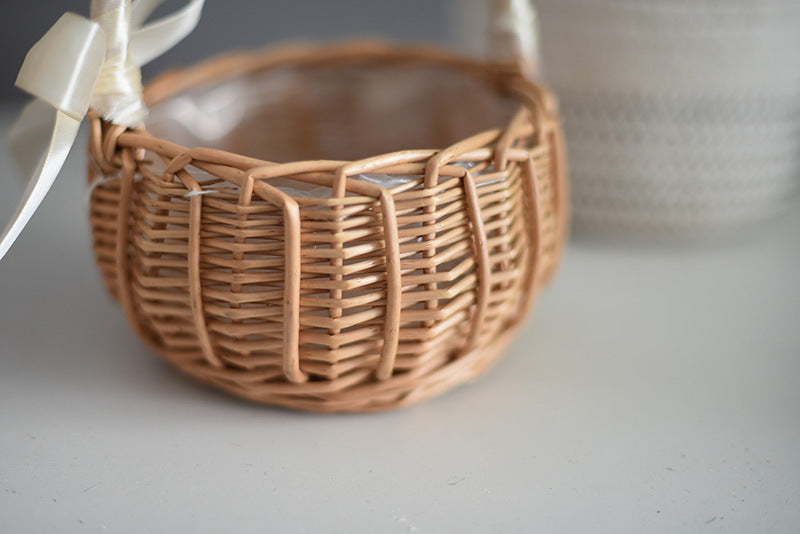 Woven Flower Basket Handheld Blue Handmade Natural Imitation Flower Basket Hand Gift Flower Arrangement Basket Bamboo Rattan Storage Basket