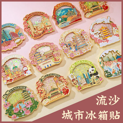 Beijing Chongqing Guangzhou Xi'an Wuhan Xiamen National Style Cultural and Creative Custom Metal Quicksand Refrigerator Magnets Chinese Cities