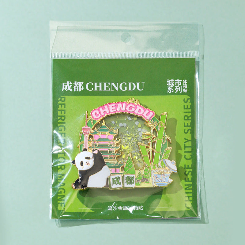Beijing Chongqing Guangzhou Xi'an Wuhan Xiamen National Style Cultural and Creative Custom Metal Quicksand Refrigerator Magnets Chinese Cities