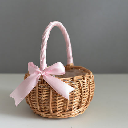 Woven Flower Basket Handheld Blue Handmade Natural Imitation Flower Basket Hand Gift Flower Arrangement Basket Bamboo Rattan Storage Basket