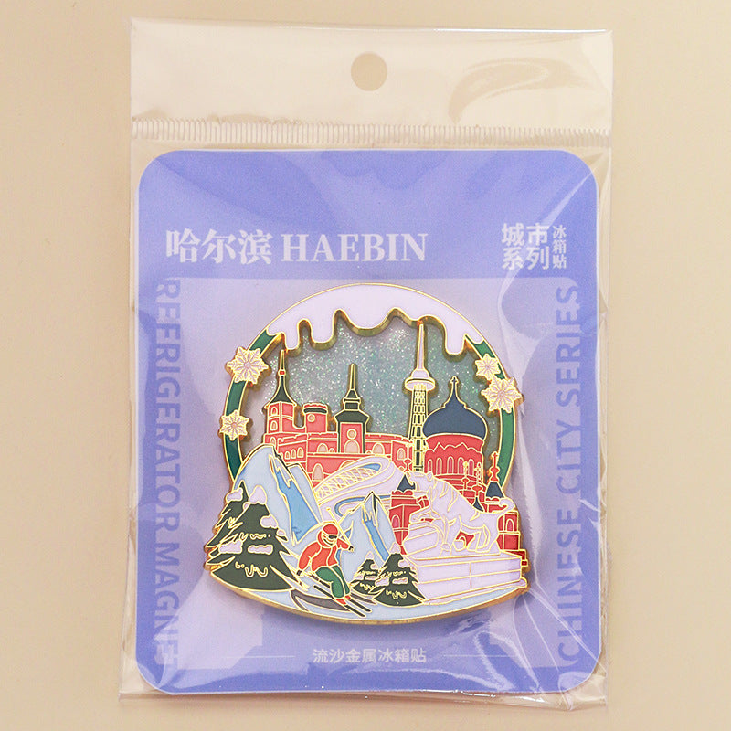 Beijing Chongqing Guangzhou Xi'an Wuhan Xiamen National Style Cultural and Creative Custom Metal Quicksand Refrigerator Magnets Chinese Cities