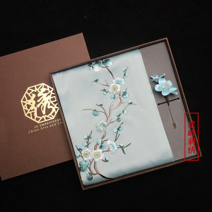 Suzhou Embroidery Scarf Suzhou Embroidery Intangible Cultural Heritage Velvet Flower Brooch Set Gift Box Handmade Suzhou Specialty Embroidery Silk Qinxuan