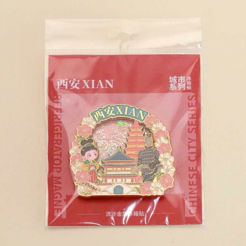 Beijing Chongqing Guangzhou Xi'an Wuhan Xiamen National Style Cultural and Creative Custom Metal Quicksand Refrigerator Magnets Chinese Cities