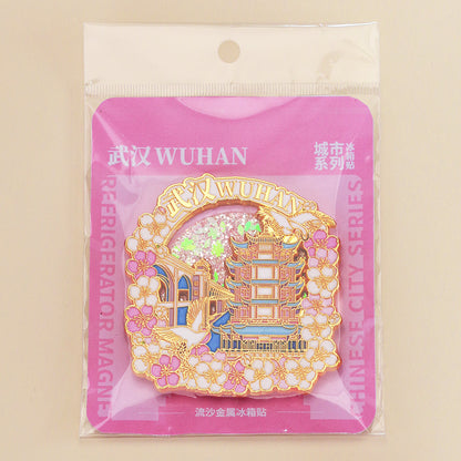 Beijing Chongqing Guangzhou Xi'an Wuhan Xiamen National Style Cultural and Creative Custom Metal Quicksand Refrigerator Magnets Chinese Cities