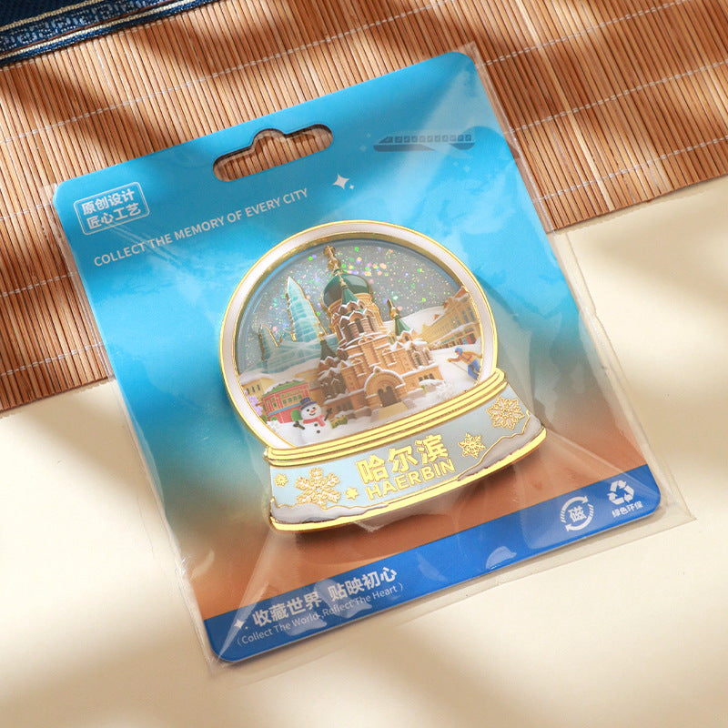 Beijing Chongqing Guangzhou Xi'an Wuhan Xiamen National Style Cultural and Creative Custom Metal Quicksand Refrigerator Magnets Chinese Cities