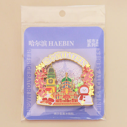 Beijing Chongqing Guangzhou Xi'an Wuhan Xiamen National Style Cultural and Creative Custom Metal Quicksand Refrigerator Magnets Chinese Cities